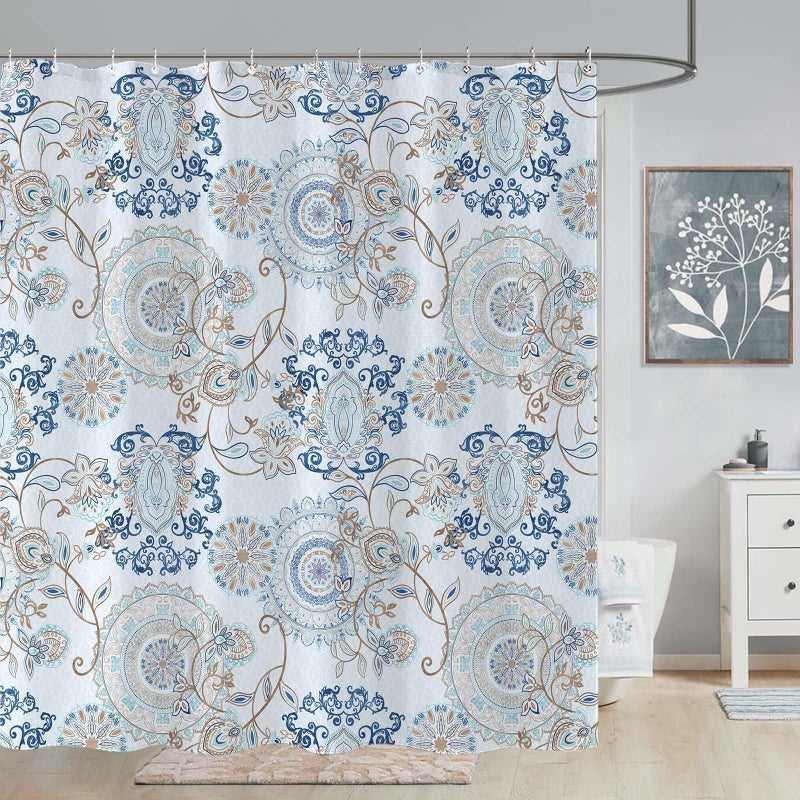 Neasow Light Blue and Navy Paisley Shower Curtain, Cool Teal Design Floral Bathroom Curtain Shower Curtains 72Ã—72 inches - Image 1